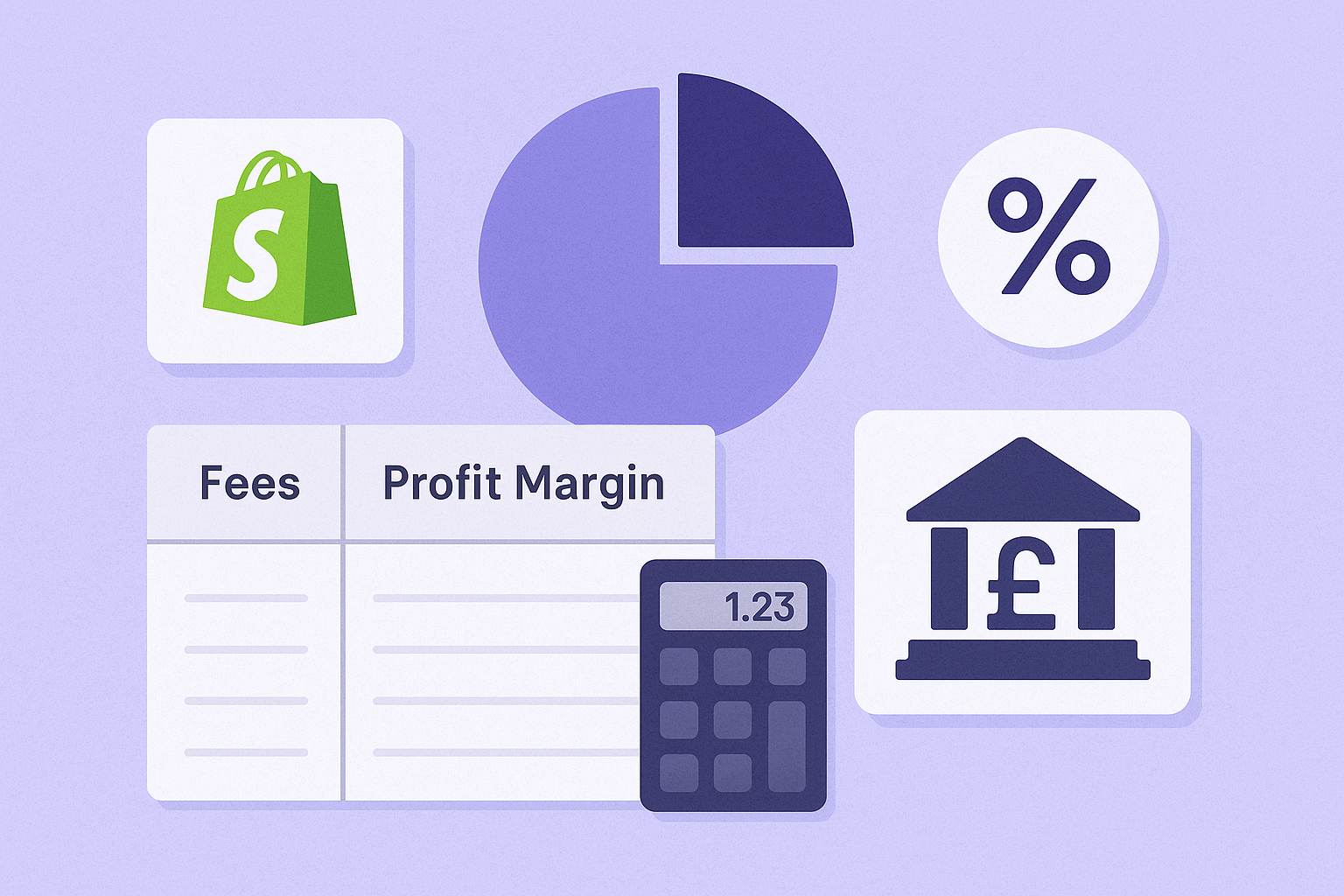Illustration showing Shopify logo, fee and profit margin table, calculator, bank icon, and percentage symbol — representing how UK Shopify fees affect business profitability.