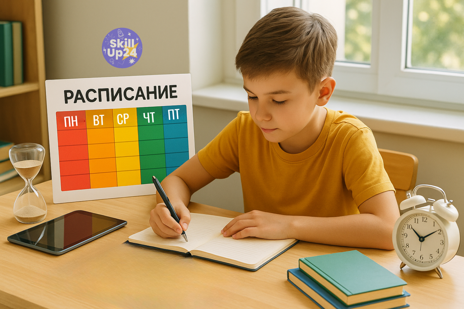 Мальчик 10–12 лет сидит за столом и пишет в блокноте, рядом цветное расписание с подписями дней недели на русском, яркие контрастные ячейки, планшет, часы и песочные часы на фоне солнечного окна