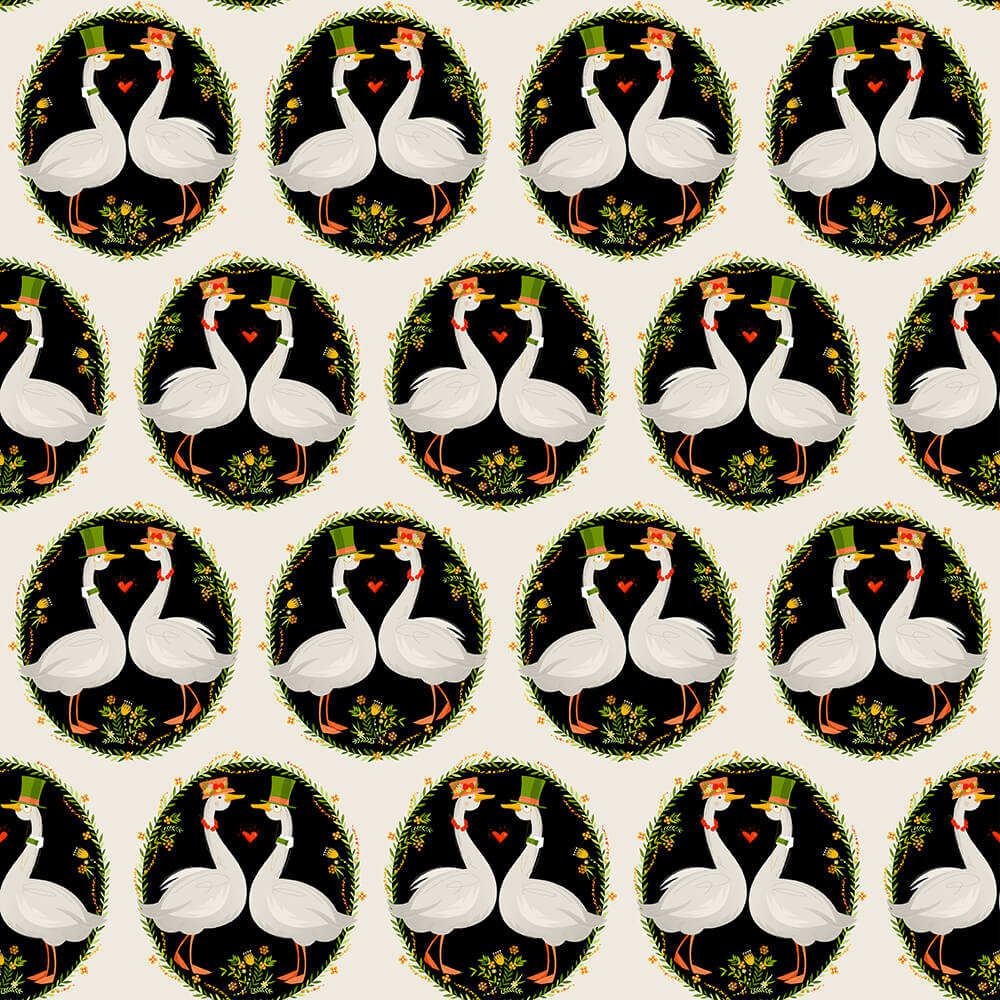 Гусь в цилиндре и гусыня в шляпке с бусами. Паттерн