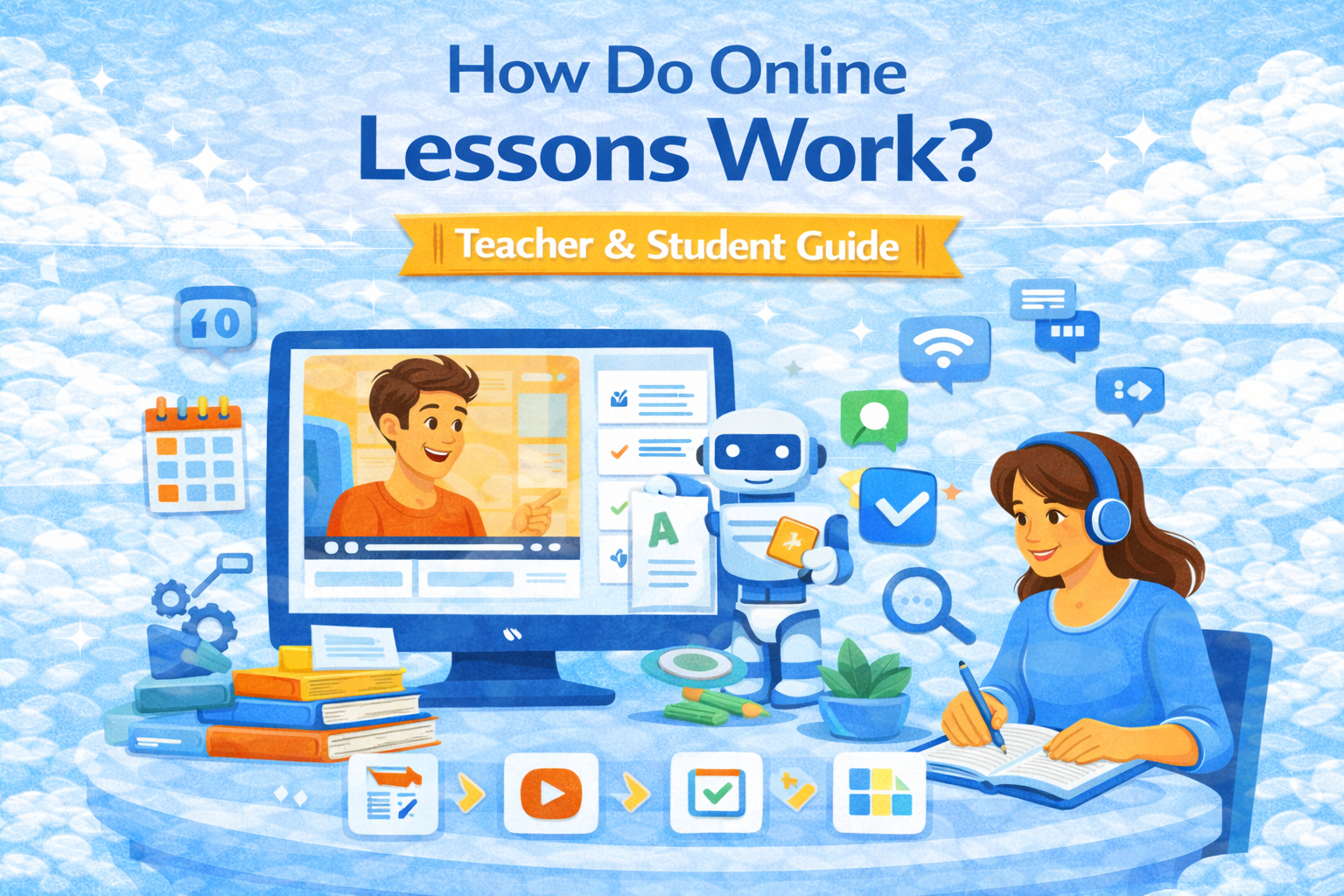 Online lessons work through a repeatable loop—prep, teach, practice, feedback, and progress tracking—delivered live, on-demand, or blended. Here’s how it all fits together.
