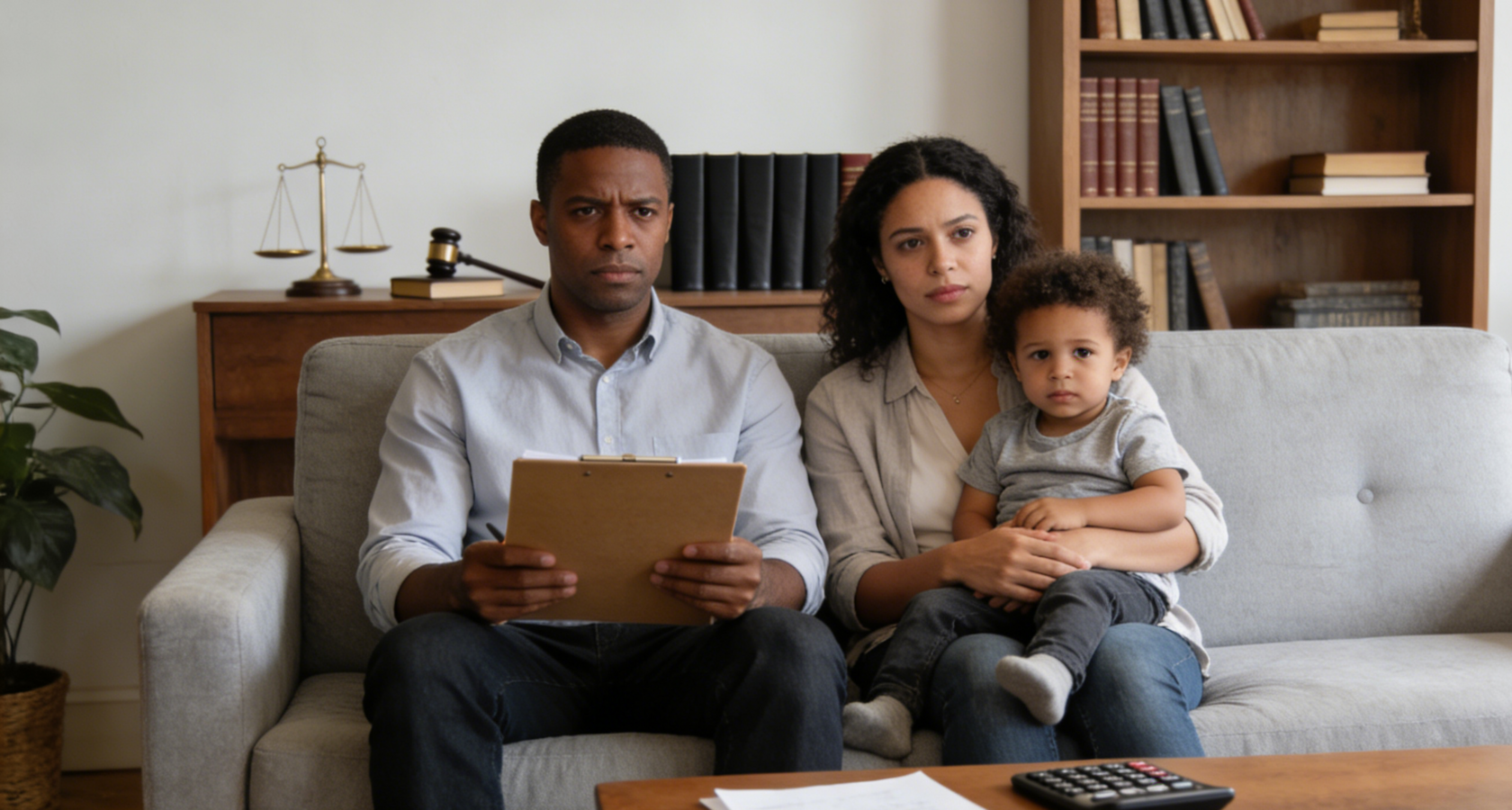 A parent couple with their baby in arms are sitting in on the consultation about child support and parental rights.