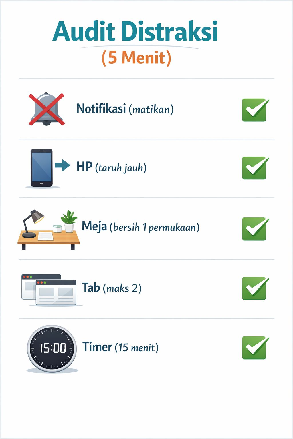 Checklist audit distraksi 5 menit berisi matikan notifikasi, jauhkan HP, rapikan meja, batasi tab, dan pasang timer agar lebih fokus