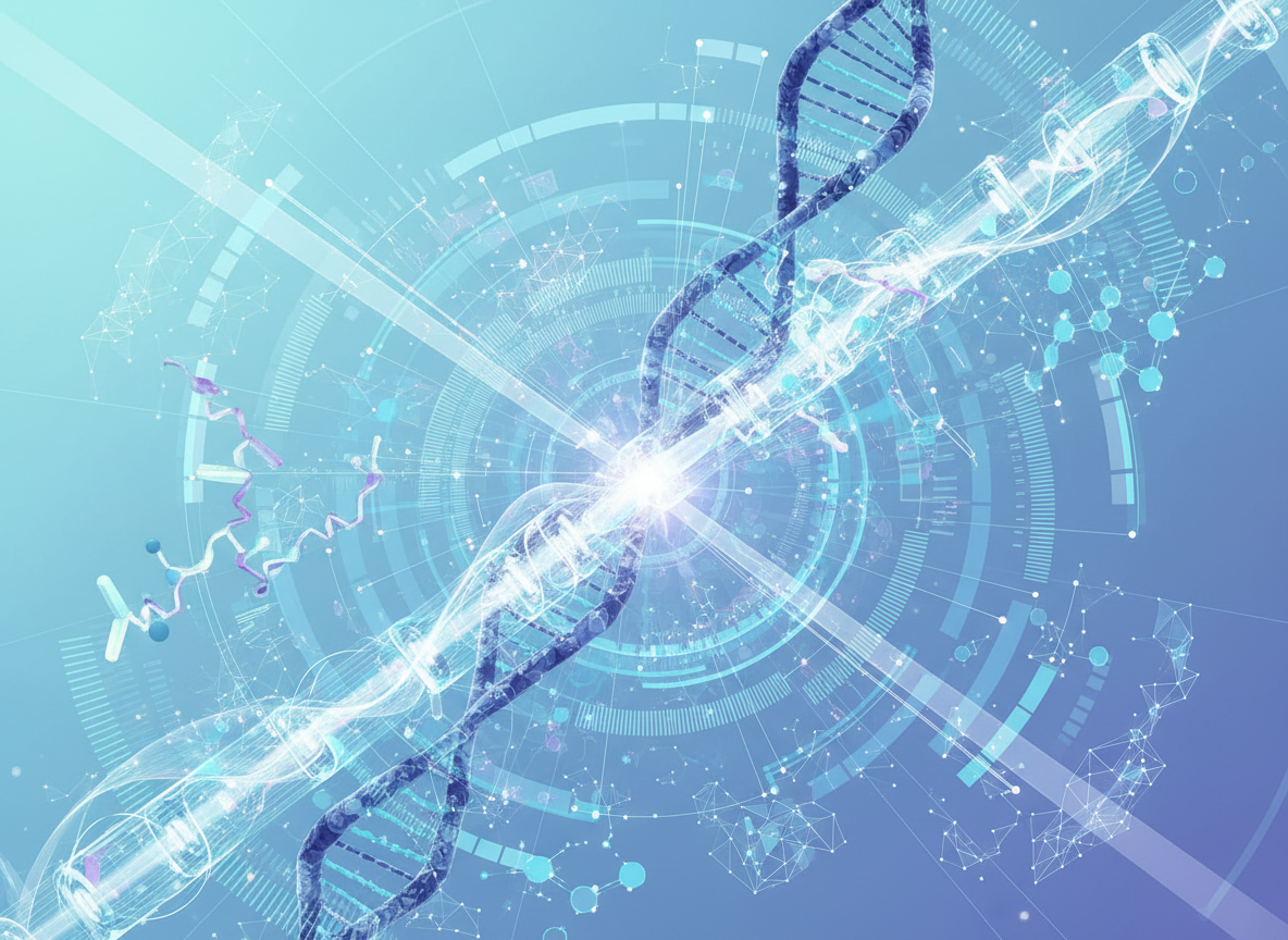 Абстрактная обложка RNA-seq с элементами молекулярных сетей и потоками данных.