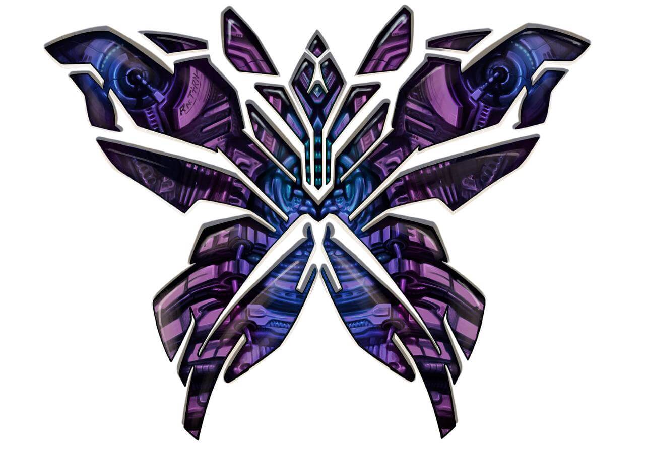 Cyber-sigilism butterfly tattoo sketch and project featuring futuristic biomechanical patterns in vibrant purple and blue neon colors. Los Angeles.