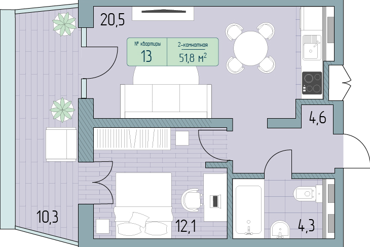 Планировка 2-комнатная 51,8 м²
