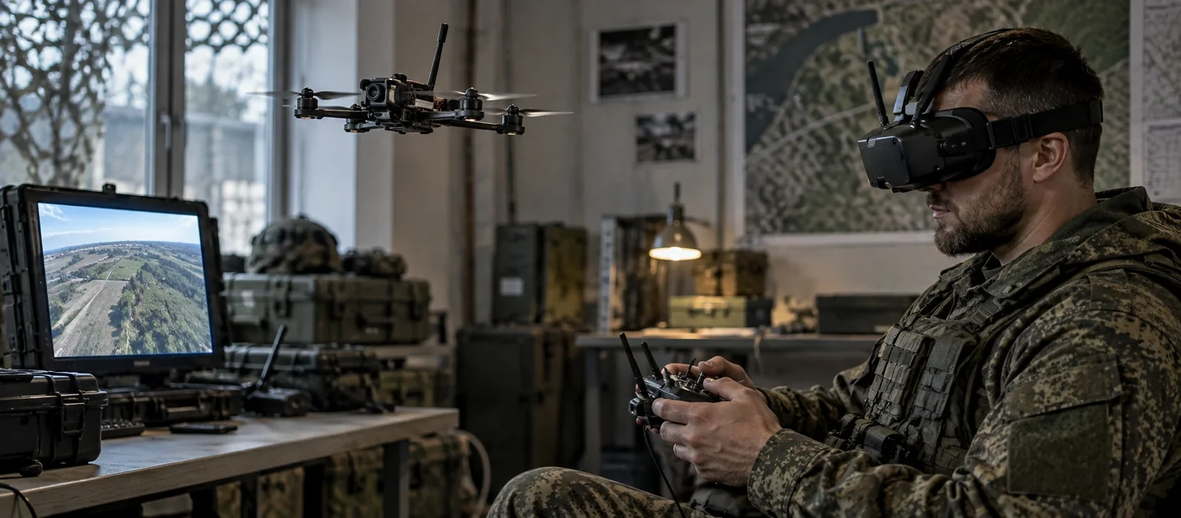 Оператор управляет FPV-дроном по изображению с бортовой камеры