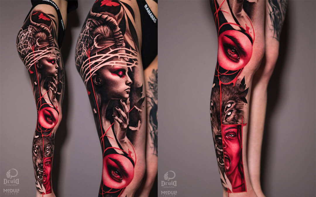 A large-scale full-leg tattoo in black and white realism with bright red accents. The composition features a female portrait wearing a crown of thorns, an image of a wolf, a realistic eye, and geometric elements. A collaboration between Rinat Tatarin Mingazdinov and Tatiana Green, Vesper, Los Angeles, West Hollywood.