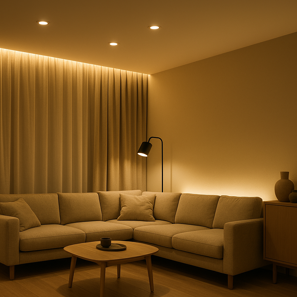 Современная гостиная с многоуровневым освещением: потолочные светильники, подсветка штор и торшер.
