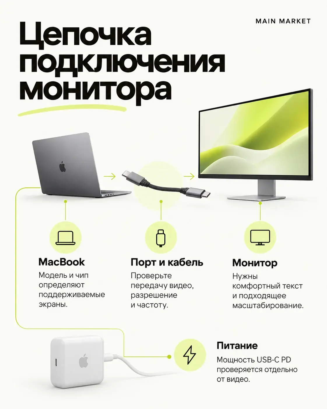 Проверка монитора, кабеля и питания для подключения MacBook