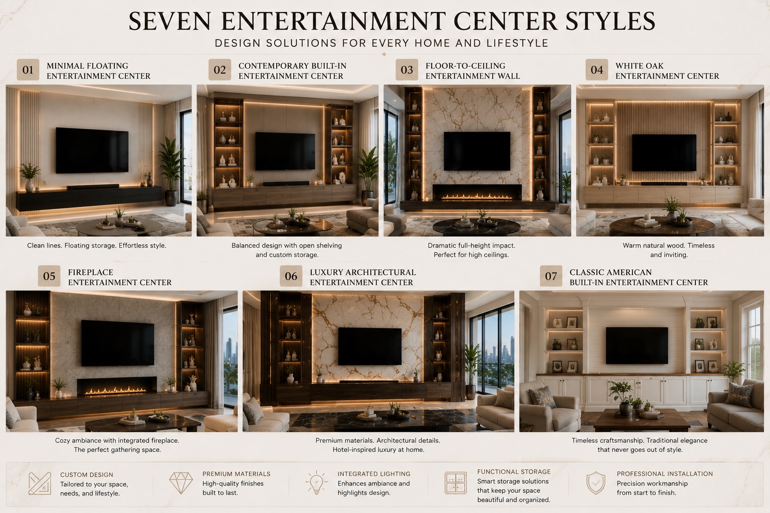 Editorial comparison of seven custom entertainment center styles including floating, built-in, fireplace, white oak, luxury architectural, and classic American designs.