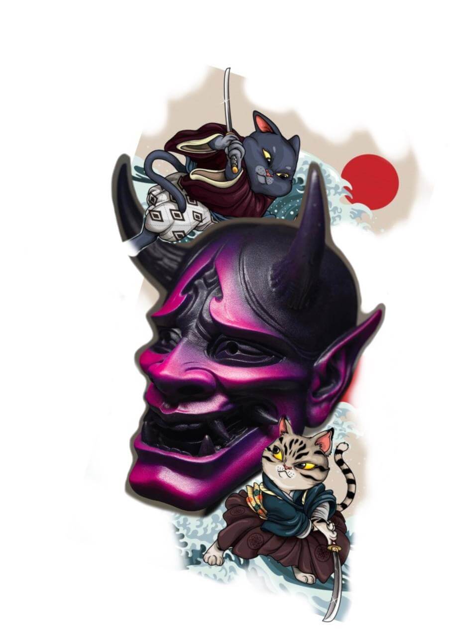Custom tattoo project and tattoo sketch of a demonic Hannya mask in purple and pink tones, surrounded by warrior cats in traditional Japanese attire. Los Angeles