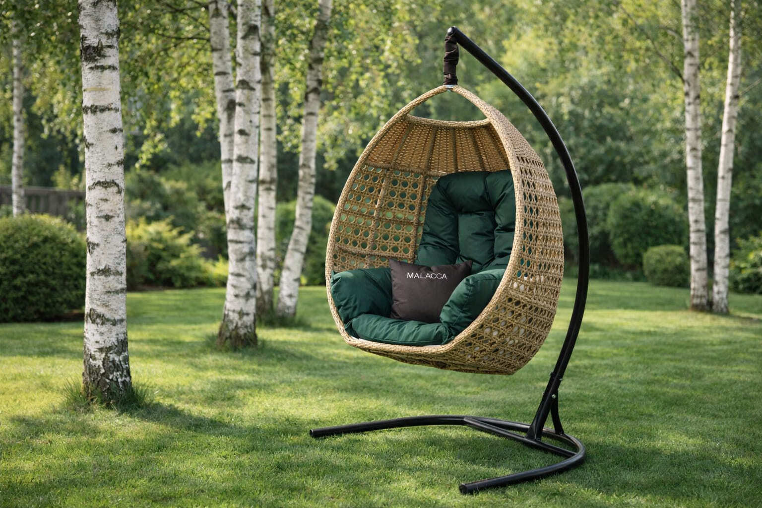 Подвесное кресло Malacca на террасе с яркими подушками, идеально подходящее для отдыха на свежем воздухе
