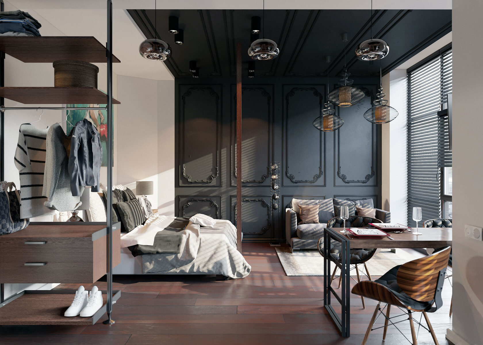 aménagement d’un petit studio avec coin nuit ouvert et espace salon