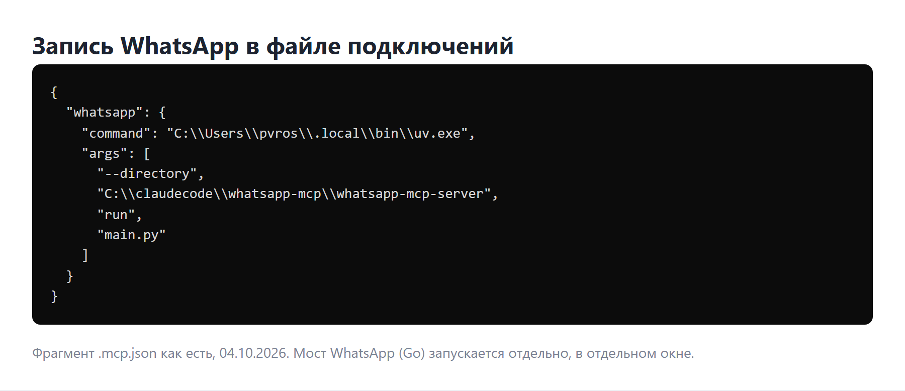 Запись WhatsApp в файле подключений .mcp.json