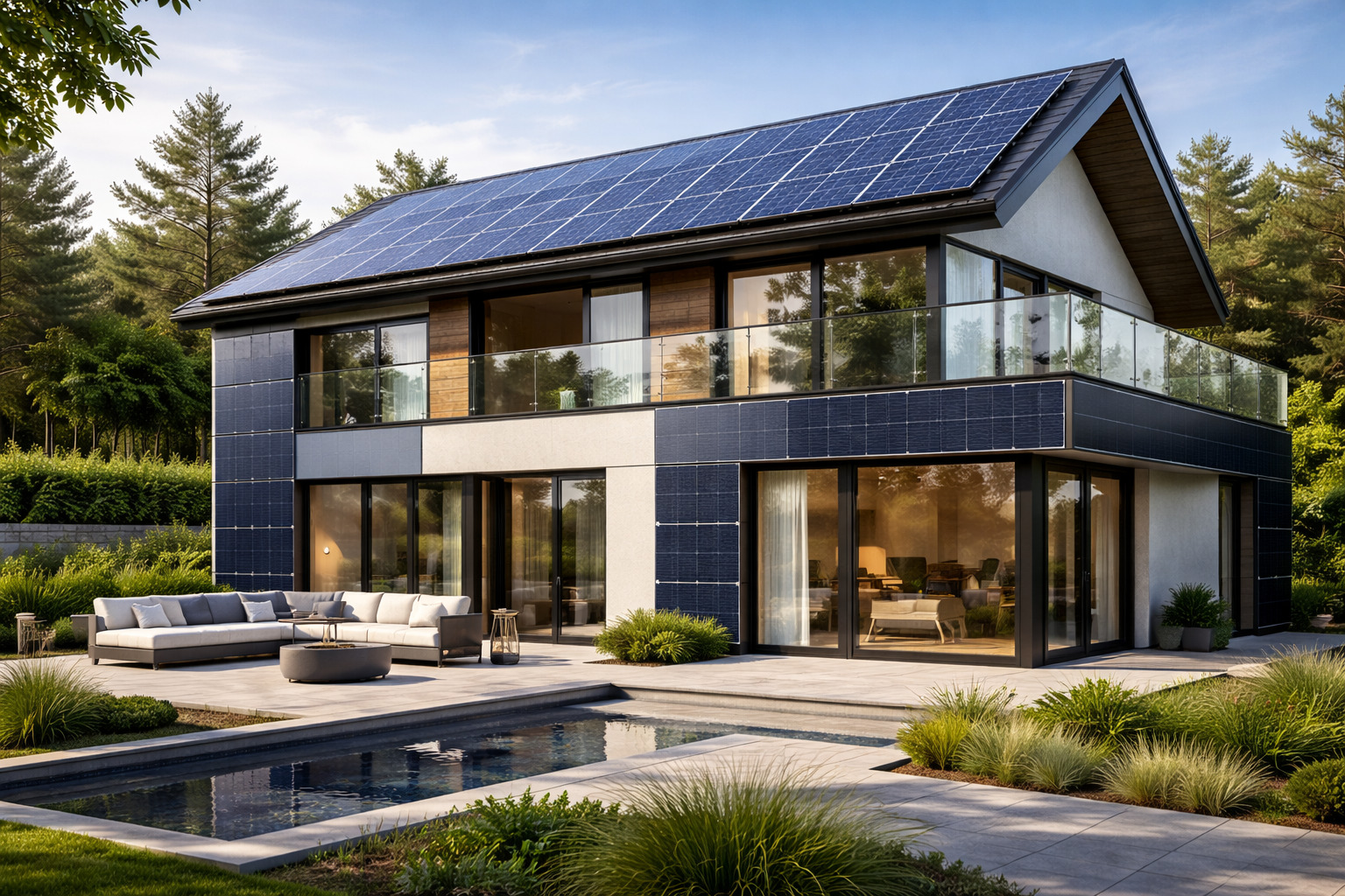 фасадная солнечная электростанция на коттедже в девелоперском проекте