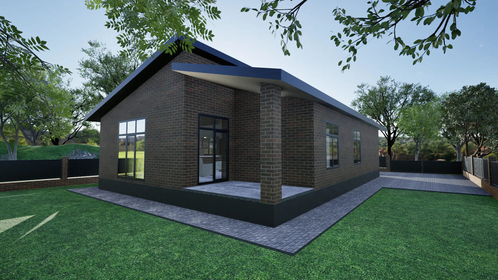 Одноэтажный дом в Ставрополе из темного кирпича с разноуровневой крышей и большими окнами