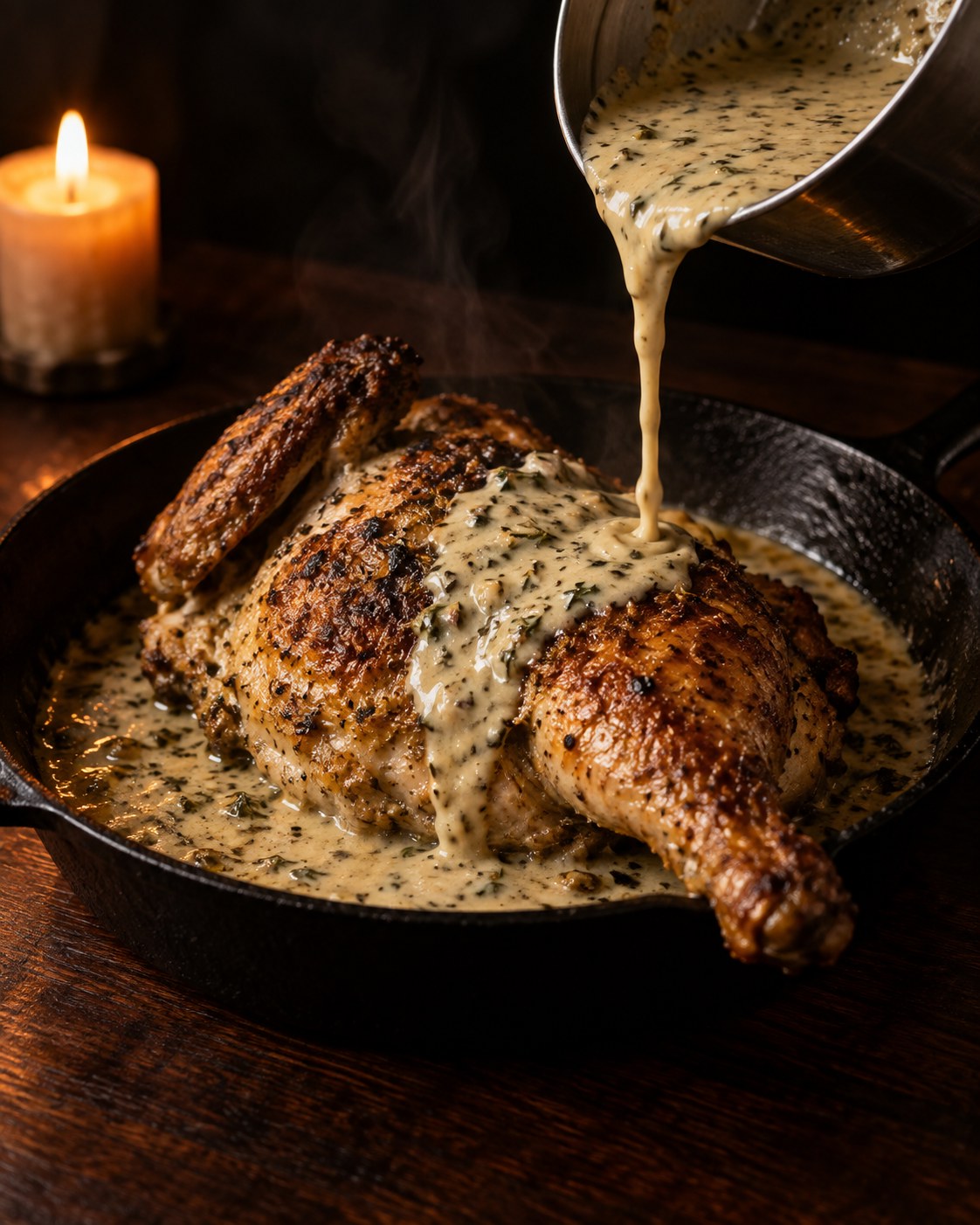 Garlic cream sauce being poured from a small saucepan over a seared half chicken in a cast-iron skillet