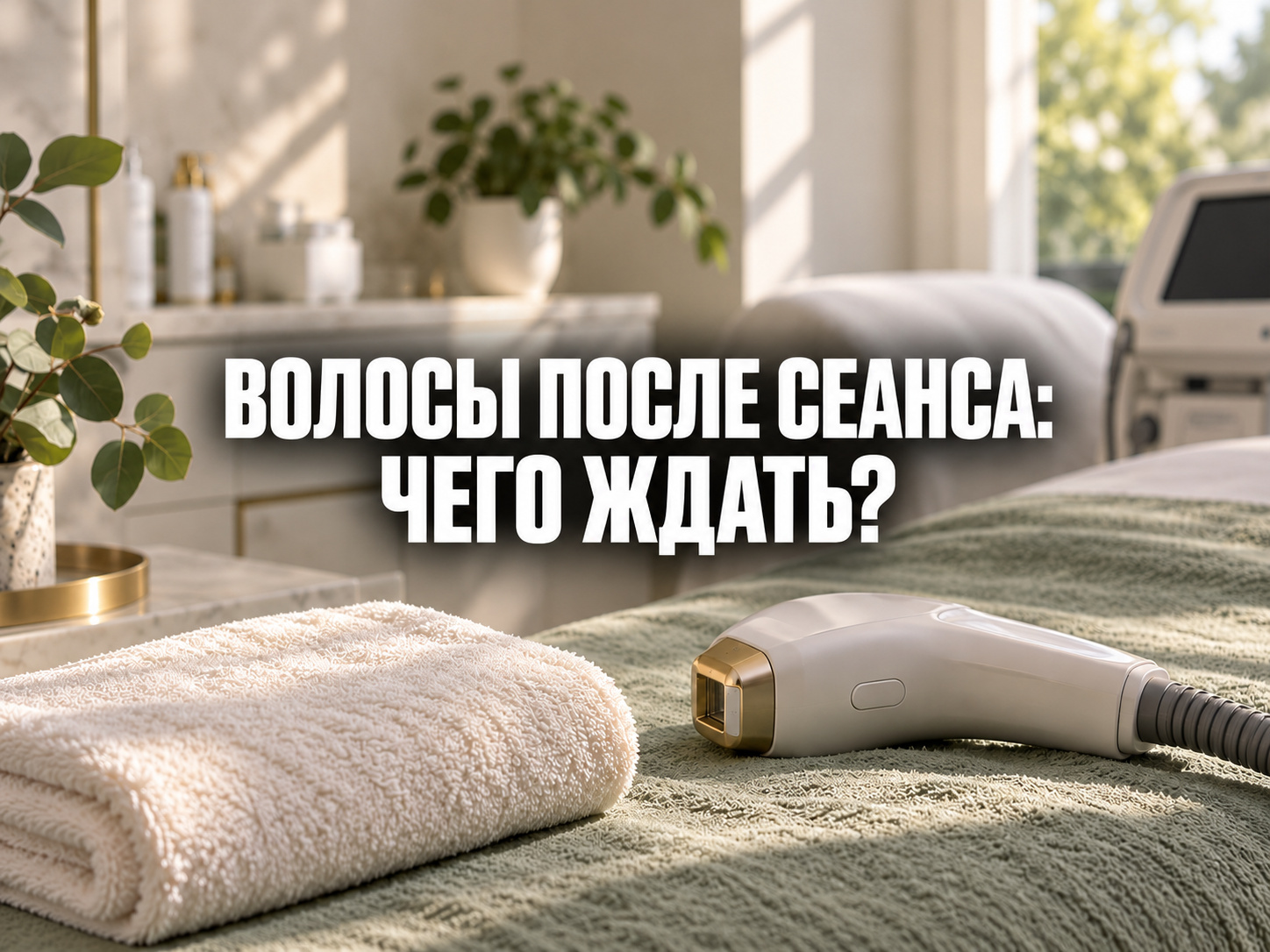 Что происходит с волосками после сеанса лазерной эпиляции — обложка статьи; по центру фраза «ВОЛОСЫ ПОСЛЕ СЕАНСА: ЧЕГО ЖДАТЬ?»