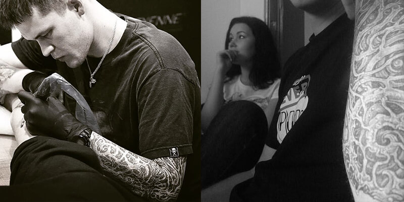 A black and white collage showing a professional tattoo artist focused on a detailed sleeve project, alongside a lifestyle shot of the intricate healed pattern on the arm