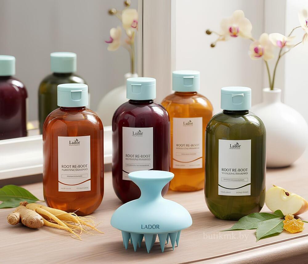 Массажная щетка Lador Dermatical Shampoo Brush и Шампуни Lador Root Re-Boot серии: Cica &amp;amp;amp;amp; Tea Tree, Red Ginseng, Ginger &amp;amp;amp;amp; Apple
