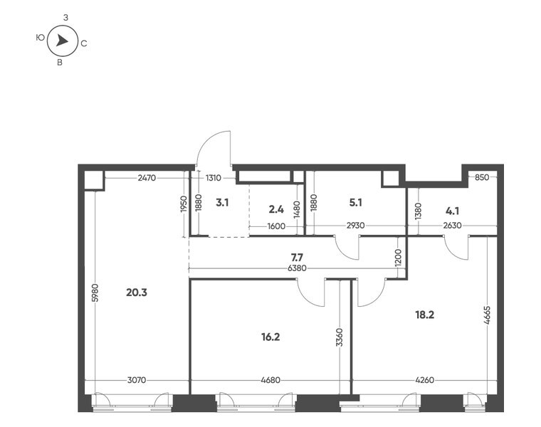 Планировка: 2-комнатная квартира 77,1 м² в ЖК «Мариин Парк», секция 1.1, 13-й этаж