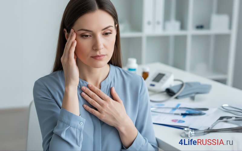 4Life Transfer Factor — женщина измеряет давление, признаки стресса и усталости, мягкая поддержка сосудов и сердечно-сосудистой системы без обещаний лечения