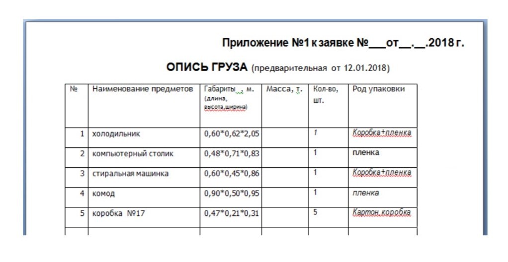 Опись для переезда образец