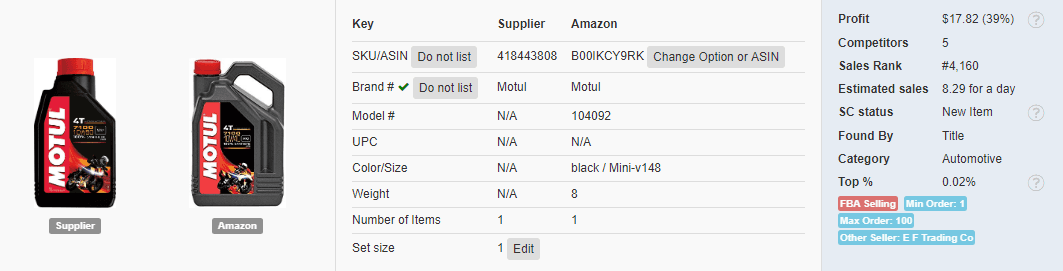 Engine oil for dropshipping from Walmart on Amazon