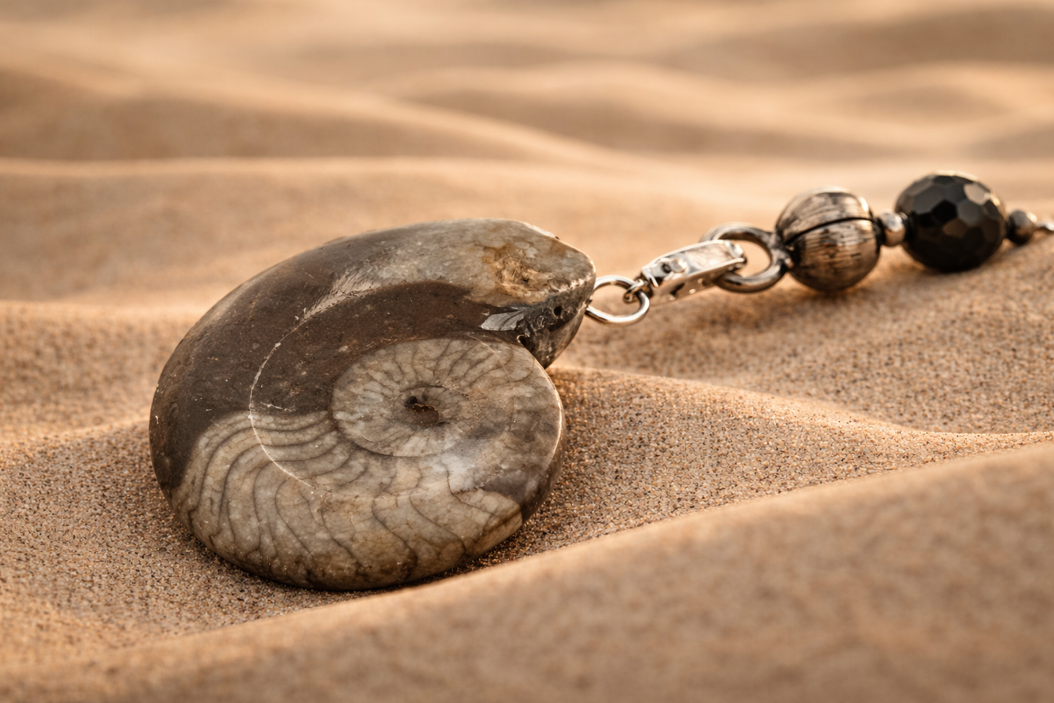 ammonite fossil pendant on desert sand ancient spiral jewellery close up