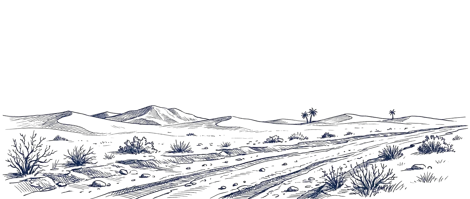 Дорога через пустыню, рисунок тушью