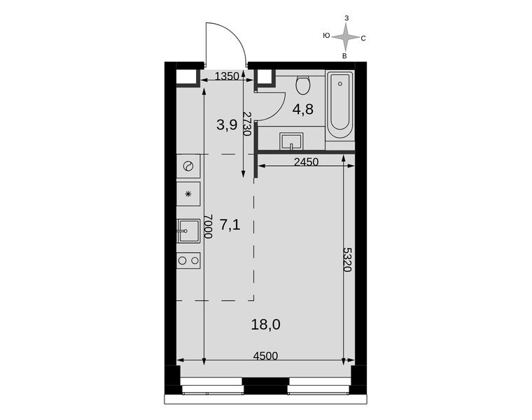 Планировка студии 33,8 м² в ЖК «Амбер Сити»: корпус 4, секция 1, 5-й этаж