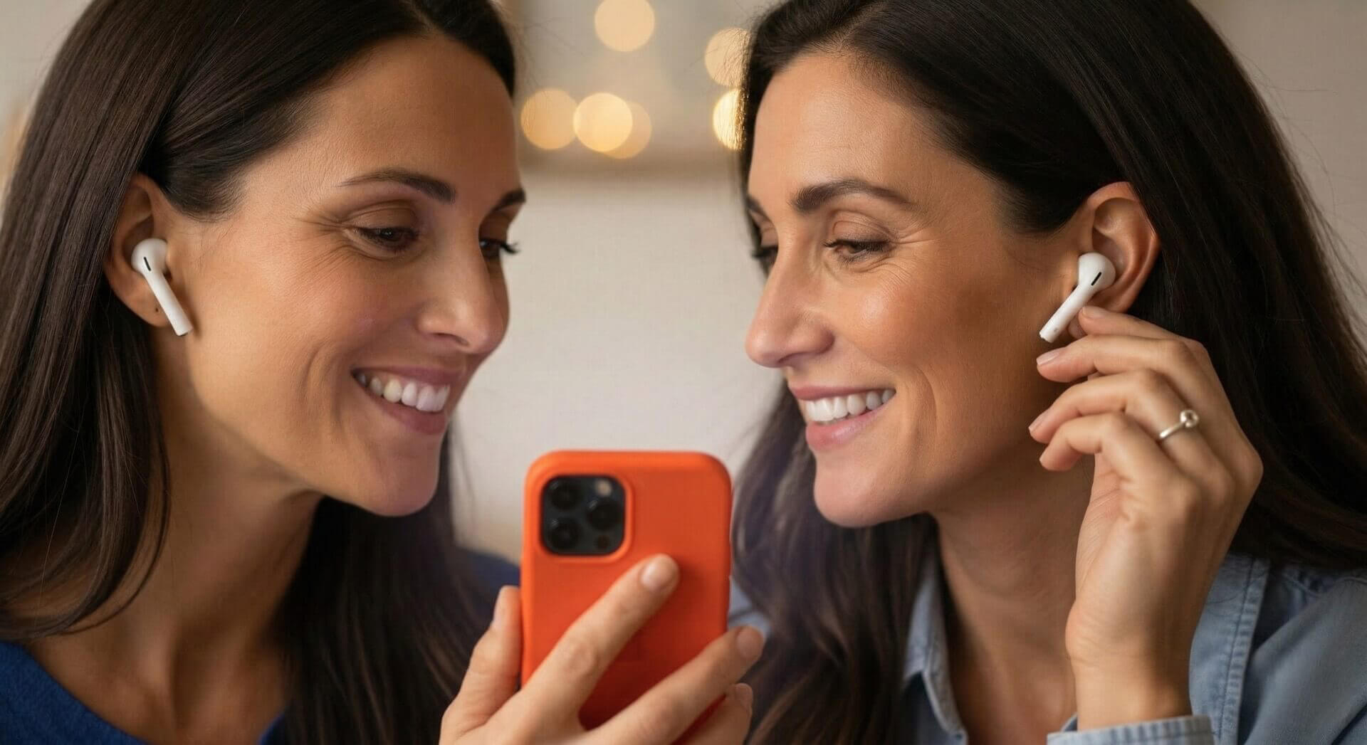 Крупный план двух улыбающихся женщин, которые смотрят на экран смартфона в оранжевом чехле, повернутый к ним. У обеих женщин в ушах белые беспроводные наушники. Женщина справа держит руку у наушника и носит кольцо. На заднем плане размытые теплые огни бок