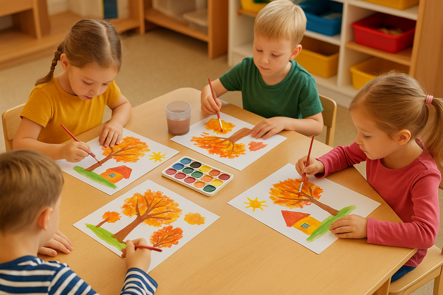 Дети в подготовительной группе рисуют осенние деревья красками, рисунки расположены правильно и направлены на детей