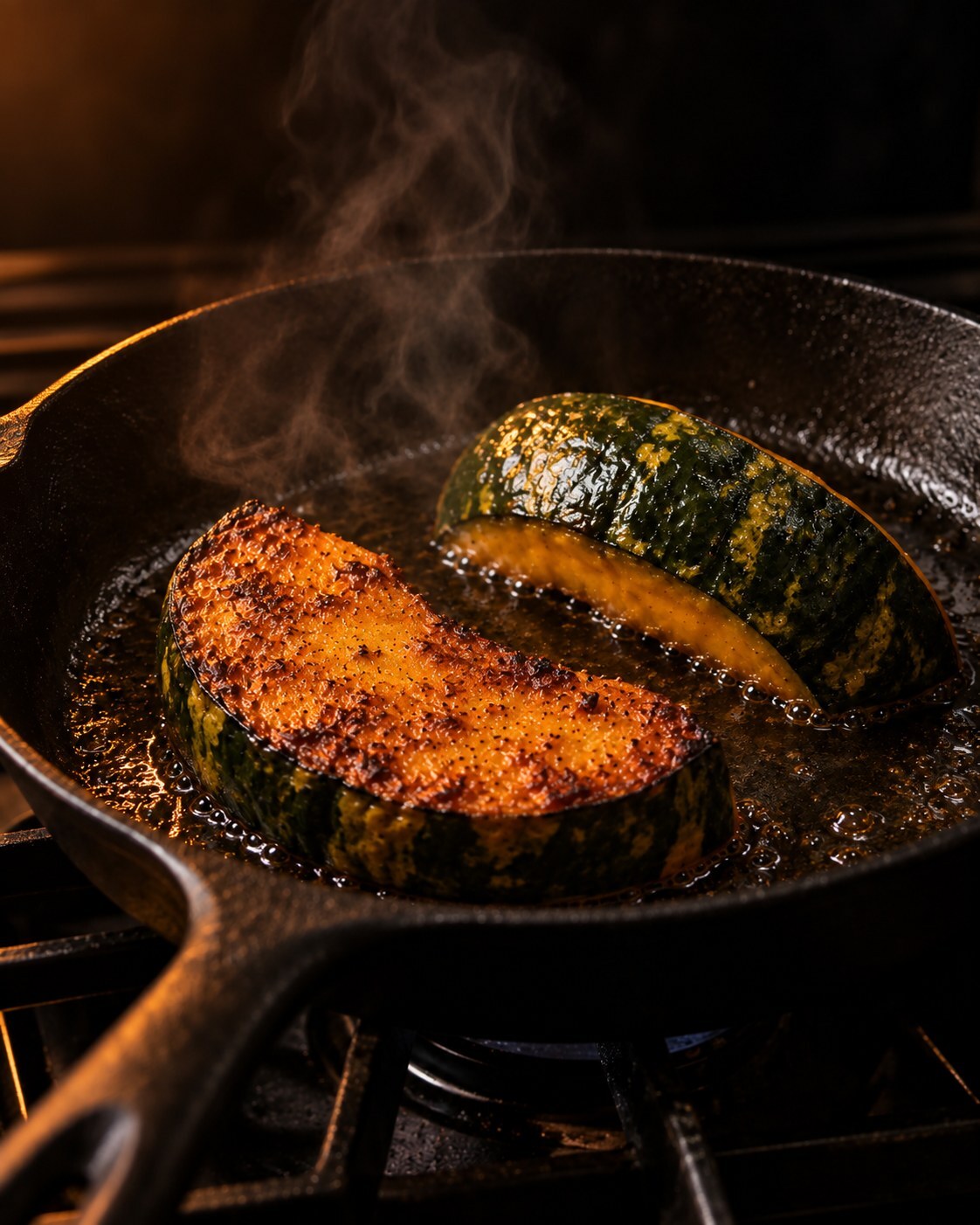 Two kabocha squash steaks searing in a cast-iron skillet over medium heat, one turned to show the deep golden-brown crust
