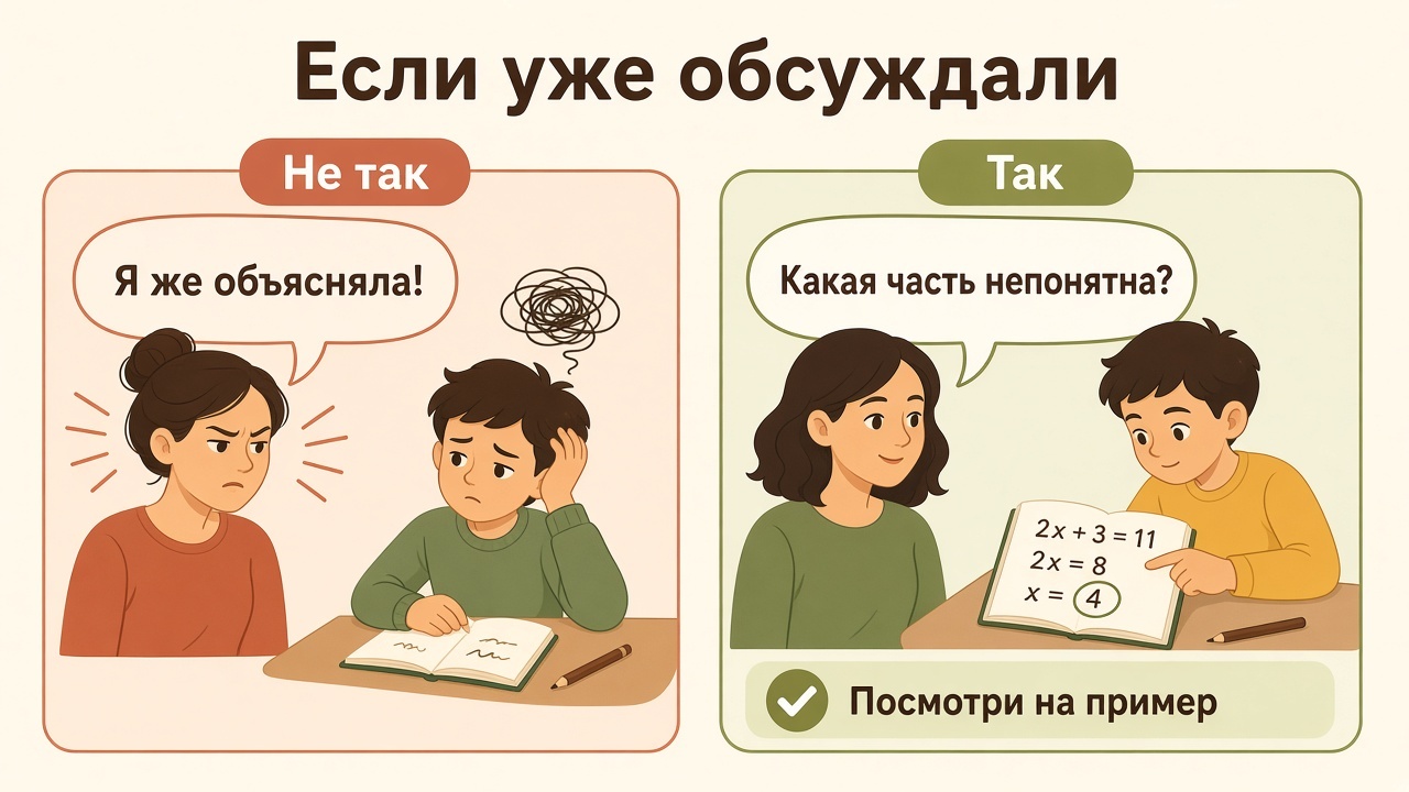 Вместо «я же объясняла» учитель спрашивает, какая часть осталась непонятной, и направляет к примеру в тетради