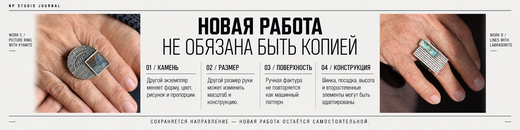 Инфографика NP Studio Journal о четырёх способах, которыми новая версия индивидуального кольца может отличаться от референса: камень, размер, поверхность и конструкция.