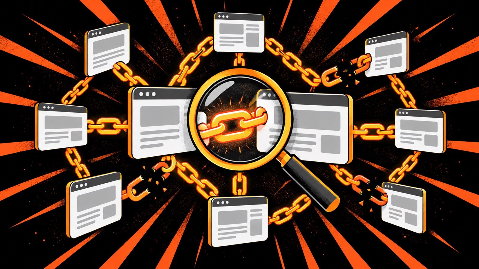 Link exchange illustration: web pages connected by chain links, a few broken, with a magnifying glass inspecting one link