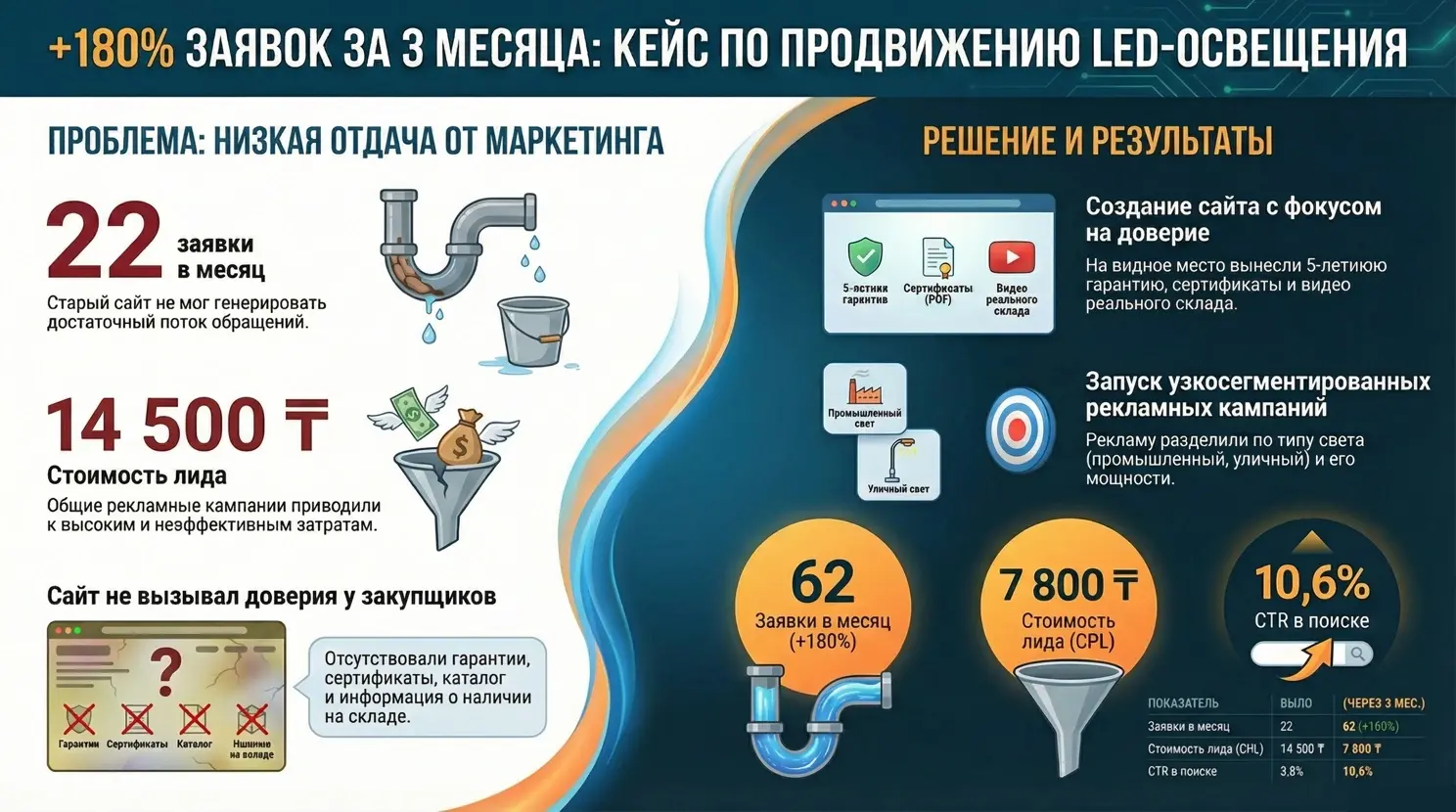 Инфографика: 180% заявок за 3 месяца - кейс по продвижению LED-освещения