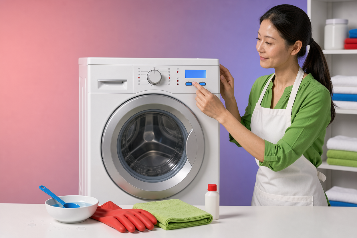 Laundry scene showing a person adjusting washing machine settings on a control panel and a small bowl with diluted cleaning solution on a table, no product branding