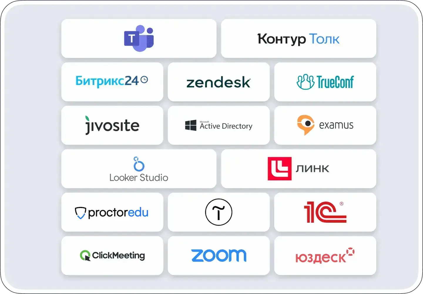 Интеграции Teachbase с сервисами: Microsoft Teams, Битрикс24, Контур Толк, Zendesk, TrueConf, Jivosite, Active Directory, Examus, Looker Studio, Линк, ProctorEdu, 1С, ClickMeeting, Zoom, Юздеск