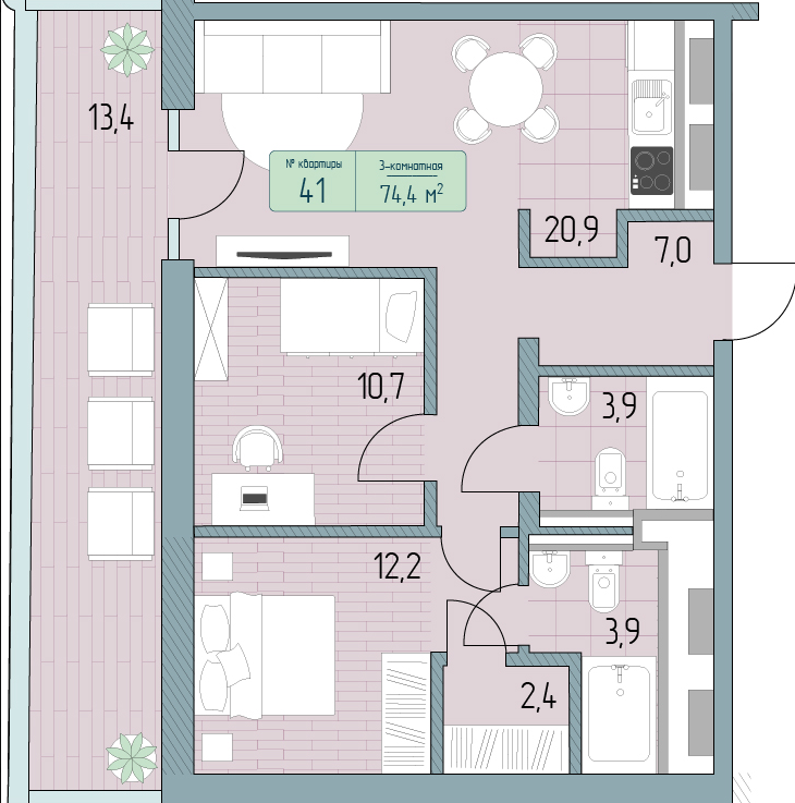 Планировка 3-комнатная 74,4 м²