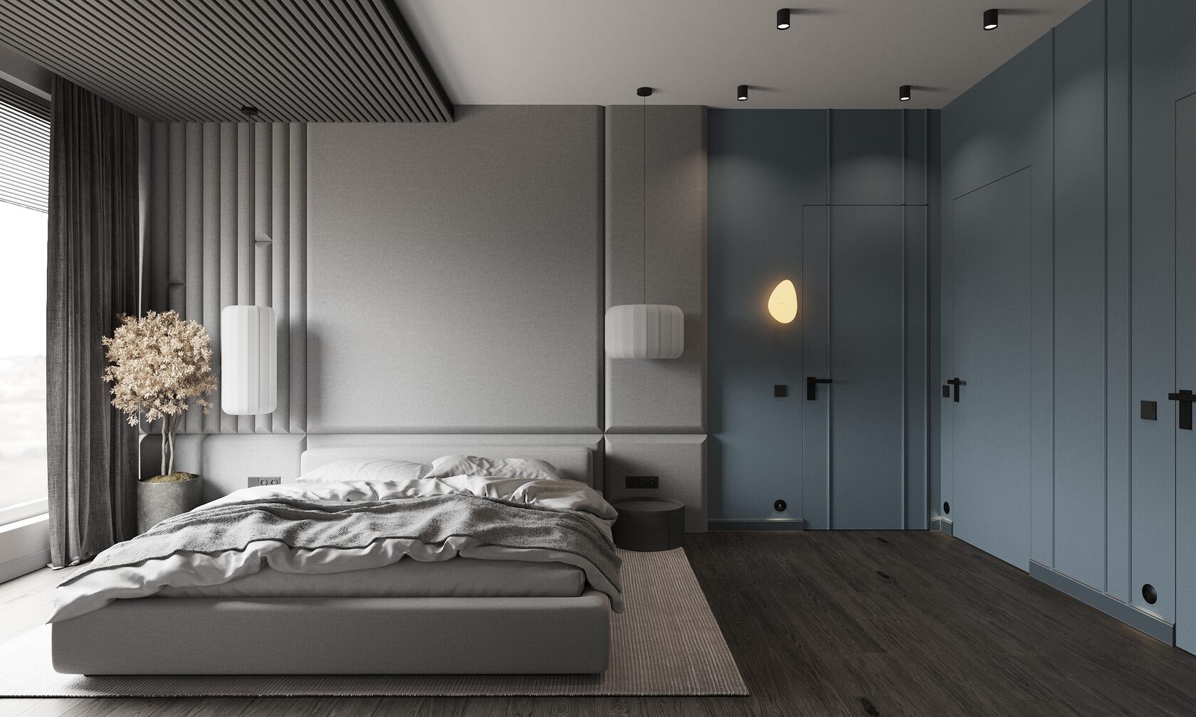 спальня с мягким изголовьем 