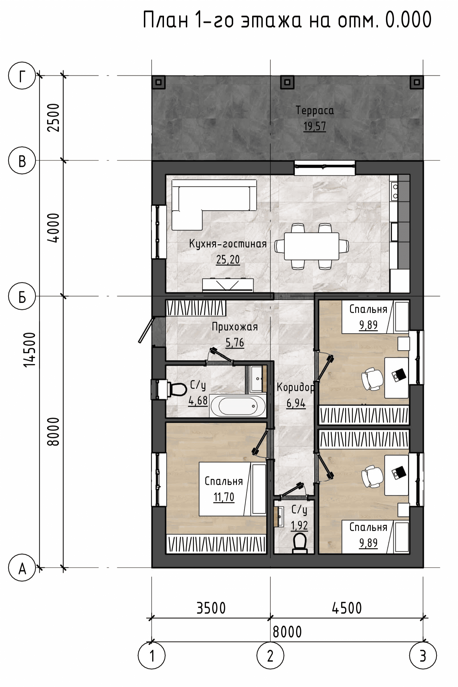 Планировка одноэтажного дома с тремя спальнями, гардеробной, двумя санузлами, кухней-гостиной и большой крытой террасой