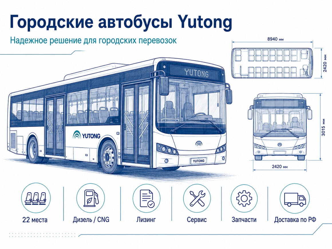 Городской автобус Yutong: дизельные и газовые модели, лизинг, сервис, запчасти и доставка