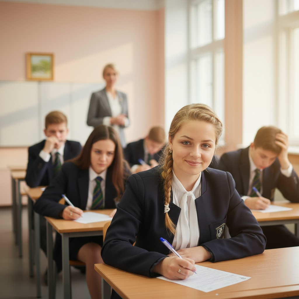 Ученик-подросток в школьной форме улыбается в камеру