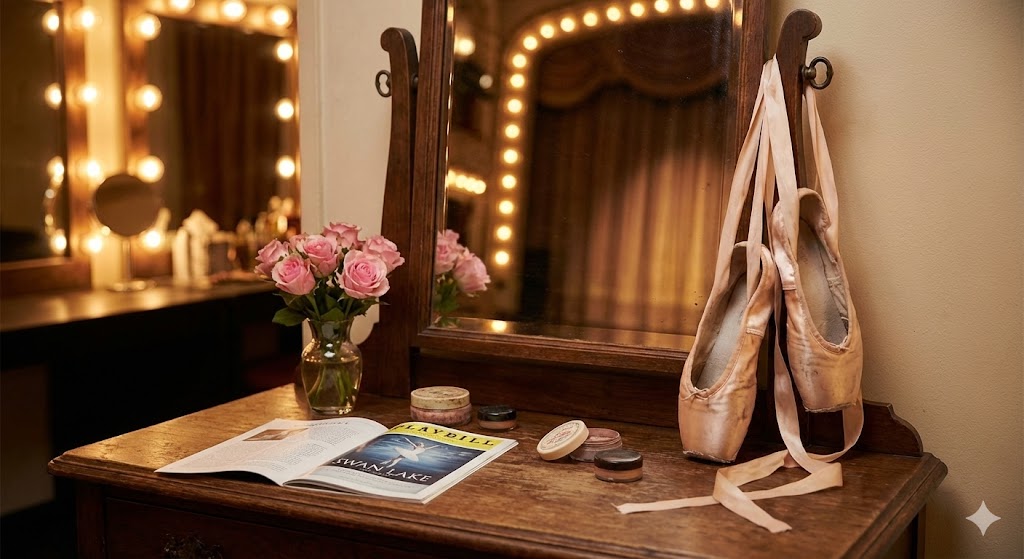 Атмосфера театральной гримерной с пуантами и цветами