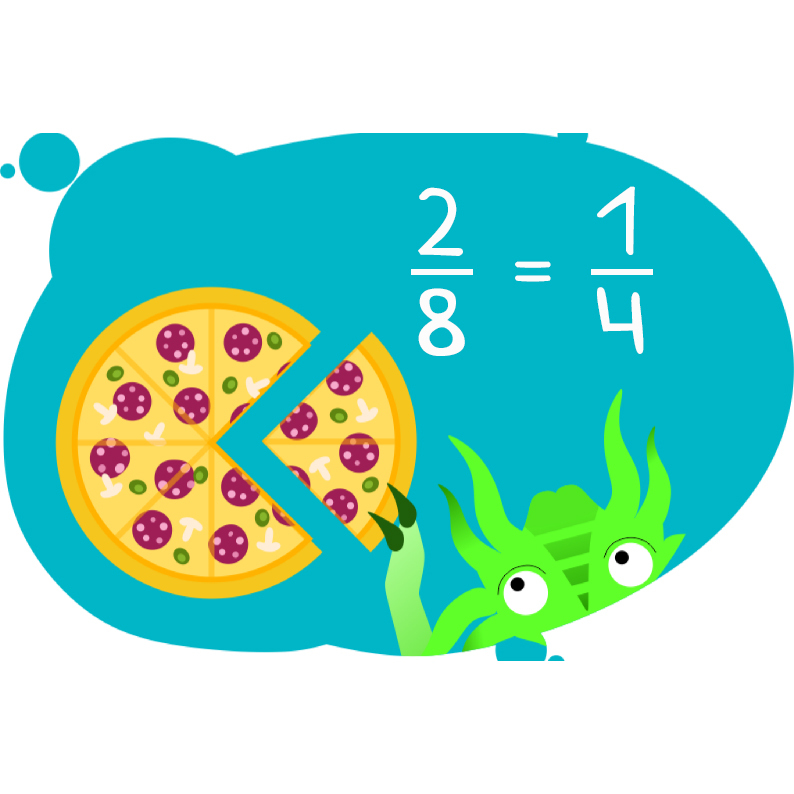 Дракоша показывает на пицце как сравнивать дроби