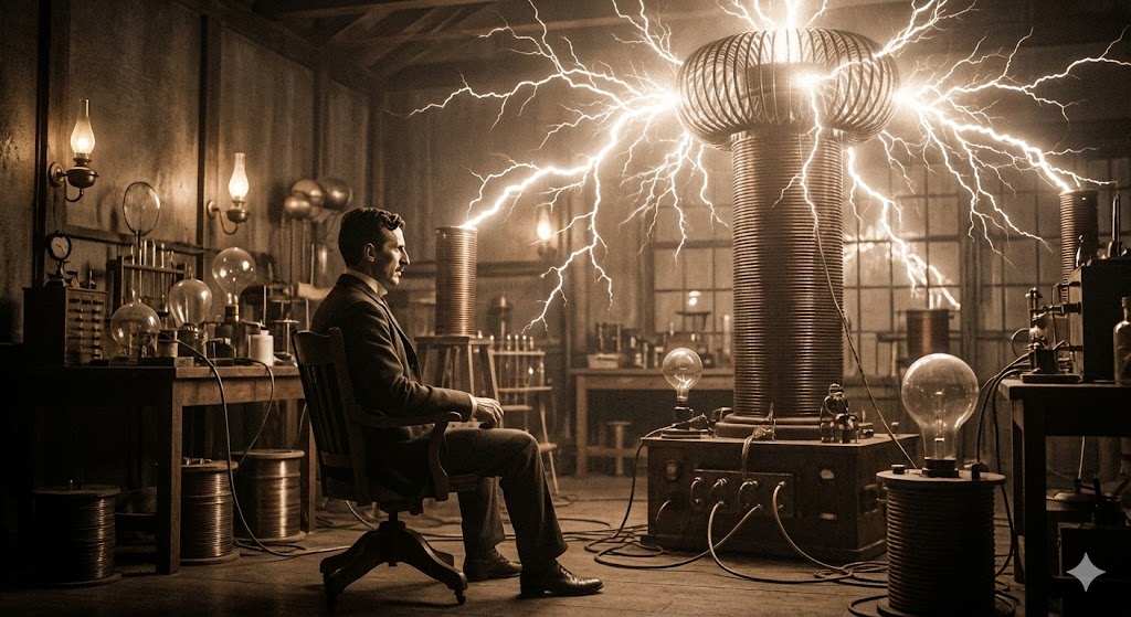 Никола Тесла в лаборатории среди электрических разрядов в день своего рождения
