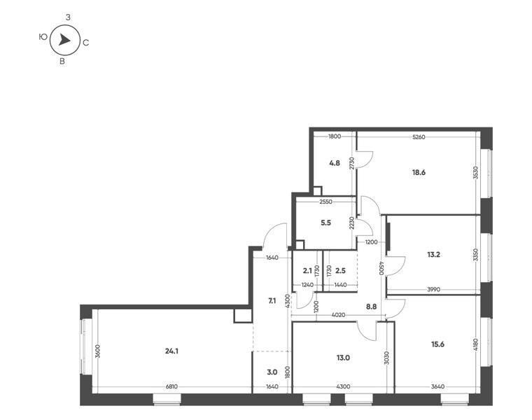 Планировка: 4-комнатная квартира 118,3 м² в ЖК «Мариин Парк», секция 1.2, 2-й этаж