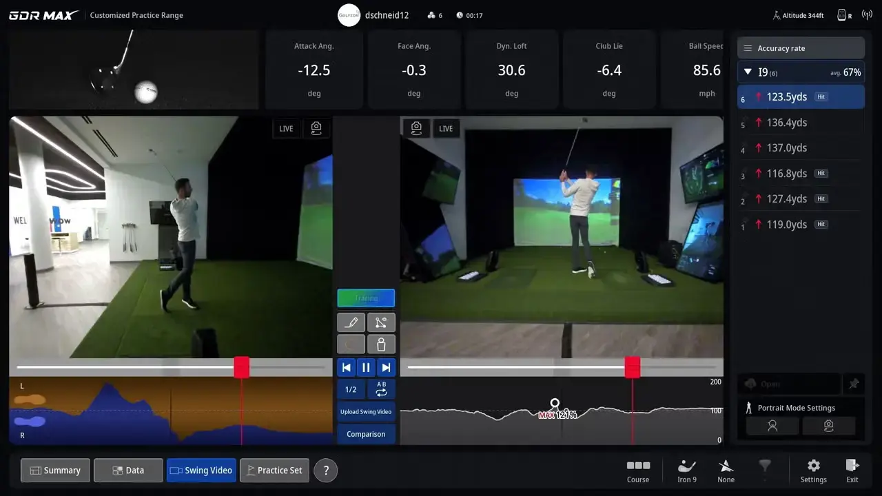 Интерфейс аналитики Golfzon с данными удара и 3D-визуализацией виртуального поля